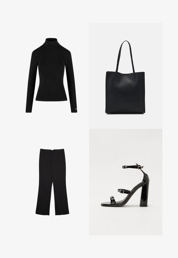 Musta ribbed pitkähihaisen poolopaita, jossa on puoliveto ja tiukka siluetti, valmistettu pehmeästä ja venyvästä kankaasta. Minimalistinen muotoilu.; Mustat housut suoralinjaisella leikkauksella, joissa on etutaskut ja sivurei'ät helman alla. Valmistettu pehmeästä ja sileästä kankaasta. Sopii eri tilaisuuksiin.; Musta kiiltävä korkokenkä sandaalit neliönmuotoisella varpaalla, nilkkaremmillä ja hopeisilla soljilla. Varustettu tukevalla lohkokorkealla vakauden takaamiseksi.; Mustapahkainen kangaskassi, jossa on sileä pinta, suorakaiteen muotoinen ja kaksi pitkää kahvaa. Ei näkyvää metalliosaa tai koristeita.