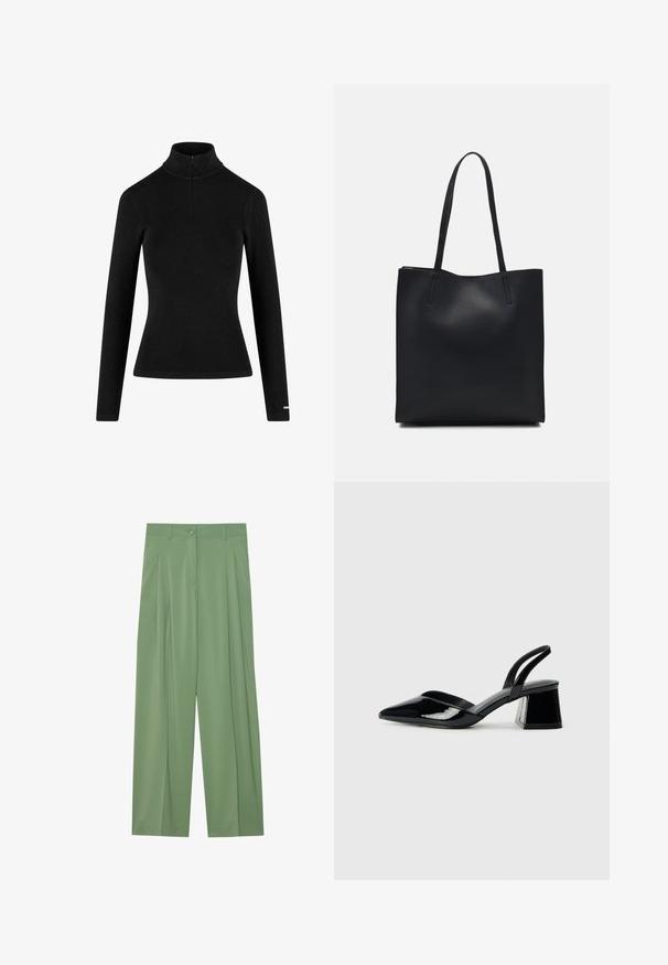Zwarte geribbelde lange mouwen coltrui met een half-rits kraag en aansluitende pasvorm, gemaakt van een zachte, rekbare stof. Minimalistisch ontwerp.; Groene wijde broek van gladde stof. Bevat plooien aan de voorkant, een enkele knoopsluiting en riemlussen.; Zwarte gepatineerde leren slingback hakken met een spitse neus en een geometrische blokhak. Kenmerkt zich door een slank, minimalistisch ontwerp en een gladde textuur.; Zwarte leren handtas met een gladde textuur, rechthoekige vorm en twee lange handvaten. Geen zichtbare hardware of versieringen.