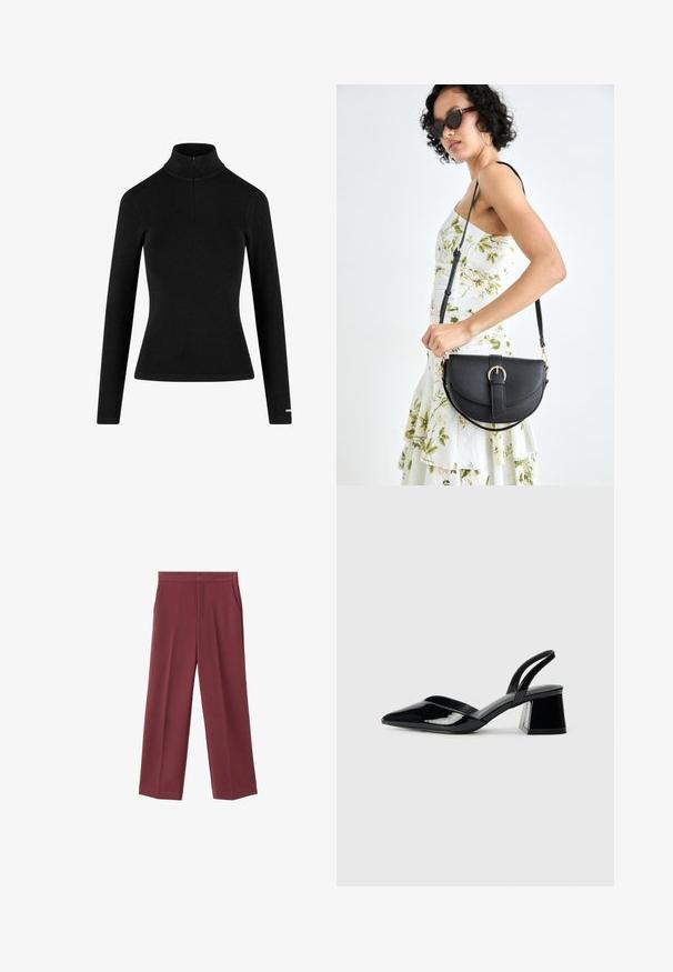 Crna rebrasta majica dugih rukava s turtleneck u kojem je ovratnik s polu-zipom i prianjajućim siluetom, izrađena od mekanog, rastezljivog materijala. Minimalistički dizajn.; Bordo široke hlače od glatkog materijala, s bočnim džepovima i visokim strukom. Krojene s urednim prednjim pregibom.; Crne lakirane kožne sandale s otvorenom petom i špicastim vrhom, s geometrijskom blok petom. Imaju elegantan, minimalistički dizajn i glatku teksturu.; Crna kožna torba s lukovitim oblikom, odvojivim remenom i zlatnim detaljima. Torba ima preklop s kopčom.