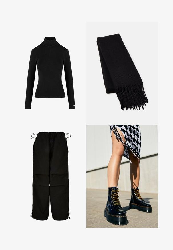 Musta ribbed pitkähihaisen poolopaita, jossa on puoliveto ja tiukka siluetti, valmistettu pehmeästä ja venyvästä kankaasta. Minimalistinen muotoilu.; Musta housut, jotka on valmistettu kevyestä kankaasta, sisältävät säädettävän vyötärön ja nyörilliset lahkeensuut. Suunniteltu löysäksi, ylisuureksi istuvuudeksi ja useilla taskuilla.; Mustat nahkakengät, joissa on paksut pohjat, kultaiset nauhat ja oranssi ompelu, yhdistettynä ruutukuosiseseen hameeseen, jossa on sivuhalkio.; Mustapaita, joka on valmistettu pehmeästä, teksturoidusta kankaasta. Siinä on risat reunat ja suorakaiteen muotoinen, sopii kaulaan kieputettavaksi.
