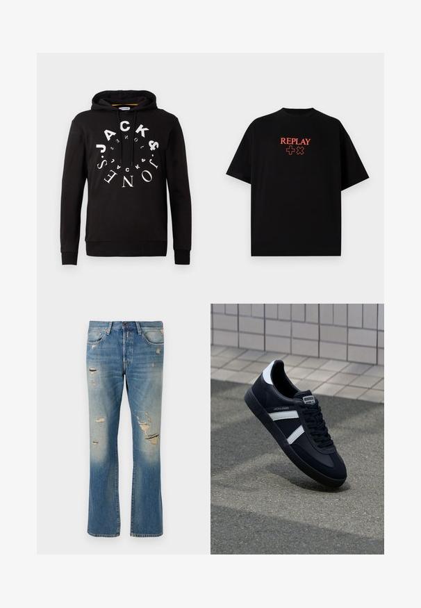 Felpa nera con cappuccio e cordino, caratterizzata da una stampa circolare bianca del logo. Realizzata in tessuto morbido, presenta polsini e orlo a costine per un look aderente.; T-shirt in cotone nero con maniche corte, collo rotondo, caratterizzato da un logo rosso "REPLAY" e simboli allineati centralmente sul petto.; Jeans in denim azzurro chiaro con vestibilità rilassata, caratterizzati da dettagli strappati e toppe sfilacciate, con design classico a cinque tasche e chiusura con bottone.; Sneaker neri in pelle con strisce bianche, suola in gomma texturizzata e allacciatura frontale. Presenta un'etichetta con il marchio sulla linguetta.