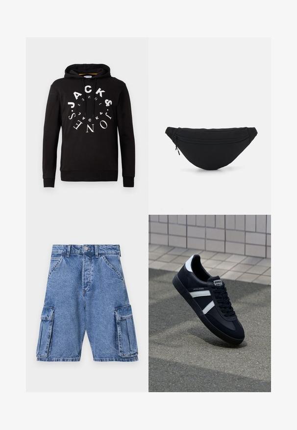 Zwarte hoodie met een trekkoord, voorzien van een cirkelvormige witte logo-print. Gemaakt van zacht materiaal, heeft het ribgebreide manchetten en een zoom voor een aansluitende uitstraling.; Blauwe denim cargoshorts met een hoge taille, meerdere cargozakken aan de zijkanten en een klassieke vijf-pocket stijl. Stonewashed textuur.; Zwarte leren sneaker met witte strepen, een gestructureerde rubberen zool en vetersluiting aan de voorkant. Voorzien van een merklabel op de tong.; Zwarte stof heuptas met een afgeronde vorm, voorzak met rits en een gladde textuur. Geen zichtbare patronen of accenten. Lichtgewicht ontwerp.