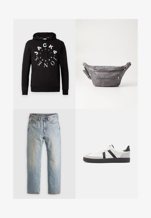 Zwarte hoodie met een trekkoord, voorzien van een cirkelvormige witte logo-print. Gemaakt van zacht materiaal, heeft het ribgebreide manchetten en een zoom voor een aansluitende uitstraling.; Lichtblauwe denim jeans met hoge taille, frontknop, rits en vijfzakkenontwerp, plat gelegd op een neutrale achtergrond.; Witte sneaker met zwarte en grijze accenten, voorzien van een grijze neus met textuur, zwarte rubberen zool en platte witte veters. Schoon ontwerp, minimalistische stijl.; Grijze suède heuptas met een ronde vorm, twee met rits afgesloten compartimenten en een verstelbare band. Voorzien van metalen accenten.