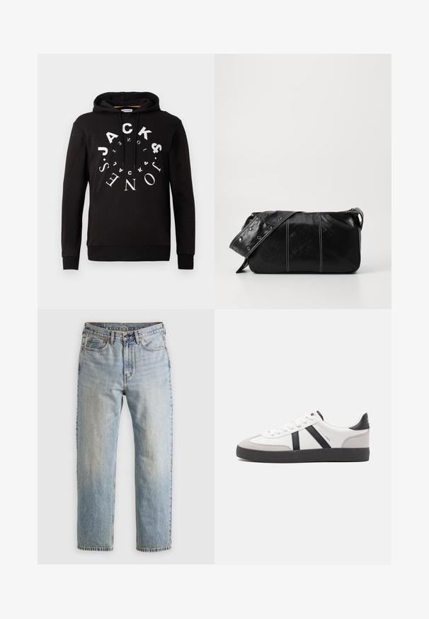 Must musta kapuutsiga, millel on ümar valge logotrükk. Valmistatud pehmest kangast, millel on soonikkrae ja -ääred, et saavutada istuv välimus.; Heledad hele sinine teksapükste kõrge vöökoht, ees nupuga, lukuga ja viie taskuga disain, asetatud tasasele neutraalsele taustale.; Valged tossud mustade ja hallide aktsentidega, tekstureeritud halli varbakattega, musta kummitald ja lamedad valged paelad. Puhtad jooned, minimalistlik stiil.; Must mustra nahkainine õlakott, millel on tõmblukk, tekstureeritud pind, valged õmblused ja rihm hõbedaste rõngastega.