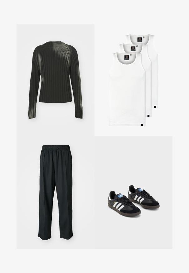 Crna rebrasta majica s dugim rukavima, koja ima okrugli izrez i teksturalni uzorak po cijelom materijalu. Jednostavan i prilagođen dizajn.; Tri bijele rebraste majice bez rukava od pamuka. Imaju okrugli izrez i male crne oznake blizu rubova. Dostupne su u više veličina.; Crne atletske hlače s elastičnim pojasom, izrađene od glatkog materijala, s diskretnim bočnim šavovima i opuštenim krojem, ravne nogavice.; Crne tenisice s gornjim dijelom od antilopa i sintetičkog materijala, s tri bijele pruge, teksturiranom gumenom potplatom i plavom oznakom na jeziku.