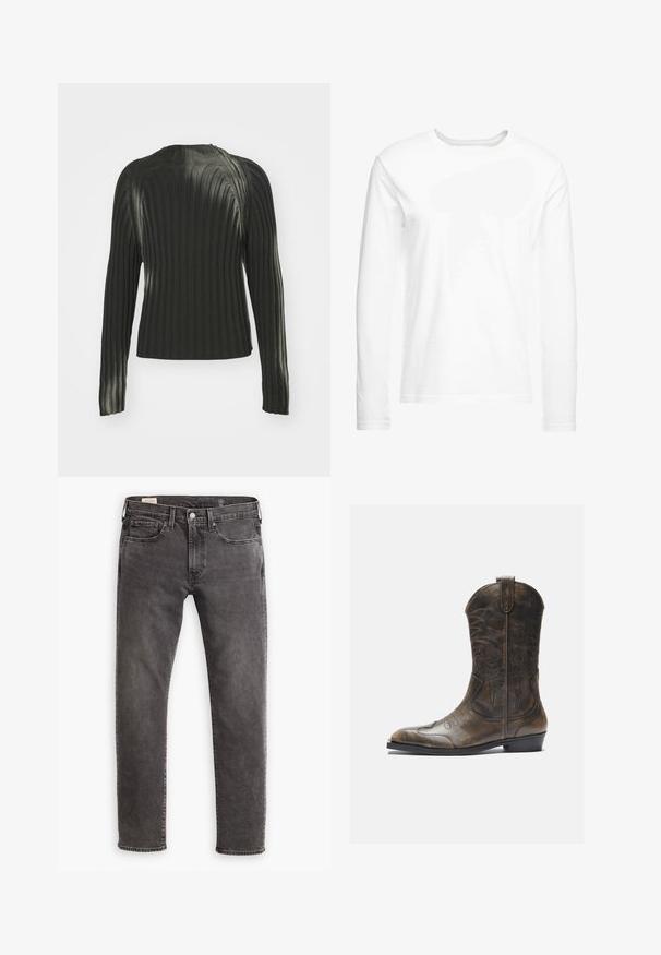 Pulovere negru cu dungi, cu mâneci lungi, având un decolteu rotund și un model texturat pe întreaga țesătură. Design simplu și ajustat.; Tricou alb cu mânecă lungă, fabricat din bumbac moale. Gât rotund, cu margini drepte și fără modele sau grafice vizibile.; Jeanși gri din denim cu croi drept, design cu cinci buzunare și închidere cu buton. Au o ușoară decolorare și cusături tonale pe toată suprafața.; Botă de cowboy din piele maro cu un gât înalt, vârf ascuțit, modele complicate de cusături și un toc mic. Finisaj texturat pe întreaga suprafață.