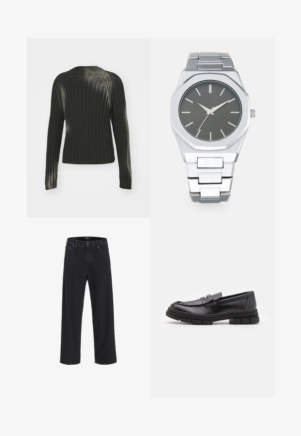 Fekete bordás pulóver hosszú ujjakkal, kerek nyakkivágással és struktúrált mintázattal az anyagban. Egyszerű és testre simuló dizájn.; Fekete egyenes szárú farmernadrág gombos és cipzáras záródással, övhurkokkal, valamint elülső és hátsó zsebekkel.; Fekete bőr loaferek sima felülettel, elülső pánt részlettel és vastag, bordázott gumitalpakkal.; Ezüst analóg óra nyolcszögletű tokban, szürke számlappal, ezüst órajelzőkkel és rozsdamentes acél link karkötővel. Minimalista design sima felülettel.