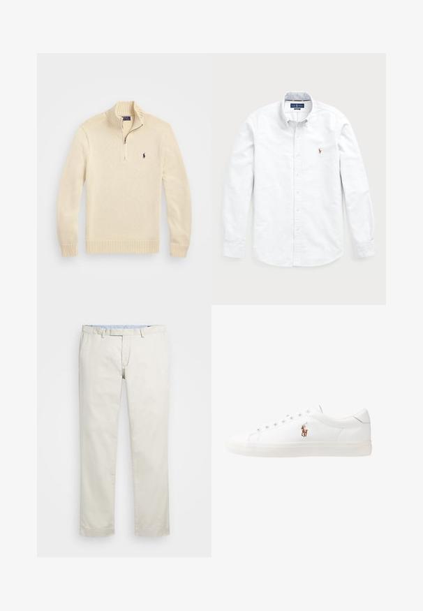 Kremfarget strikkegenser med glidelås i kvartlengde, ribbestrikkede ermer og hem, samt en liten brodert logo på venstre bryst.; Hvit langermet skjorte med knapper laget av bomull. Har sprettkrage, knappelukking og en liten brodert logo på brystet.; Beige bomullskjoler med flat front, beltehemper og sidelommer. Rett ben-design med en glatt tekstur og en lett, pustende følelse.; Hvite lærsko, lavt design, med en glatt tekstur, rund tå, snøring foran, og en liten brodert logo på siden.
