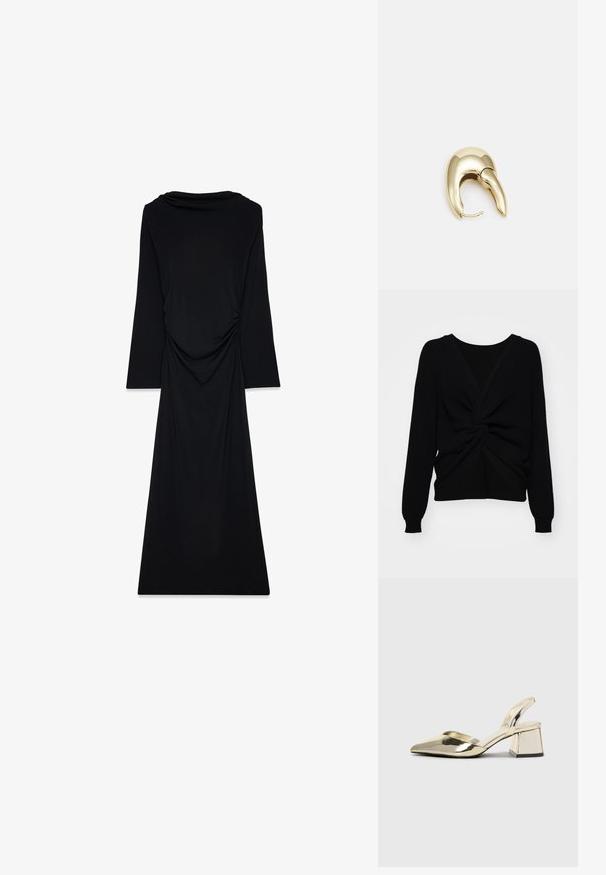 Schwarzer Strickpullover mit verdrehtem Vorderdesign, langen Ärmeln und gerippter Textur, kontrastierendes glattes Panel auf der Rückseite.; Langes schwarzes Kleid aus glattem Stoff, mit langen Ärmeln, einem drapierten Cowl-Ausschnitt und gerafftem Detail am Rücken, mit einer schmalen Silhouette.; Goldene, metallische Slingback-Absätze mit spitzem Zeh und dicker Ferse. Glatte Textur, minimalistisches Design und ein schmaler Riemen.; Gelbe Kunstleder-Handtasche im Krokodil-Look mit strukturiertem Design, Obergriff, abnehmbarem Kettenriemen und dekorativer Kristallverzierung am Verschluss.; Ohrringe aus goldfarbenem Metall mit einem schlanken, geschwungenen Design. Sie verfügen über eine markante, spitze Form, eine polierte Oberfläche und einen Scharnierverschluss.