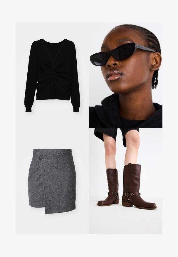 Black knitted sweater featuring a twisted front design, long sleeves, and ribbed texture, contrasting smooth panel at the back.; Grey herringbone wrap skirt made from textured wool fabric, featuring a single button closure at the waist and an asymmetrical hemline.; Brown leather knee-high boots with a rounded toe, textured surface, ankle strap, and silver hardware detail; stacked heel.; Black cat-eye sunglasses with a matte finish, featuring a sleek design and gently curved edges, set against a model's dark clothing.; Four pairs of silver earrings: two shiny smooth hoop designs, one textured, and one covered in small clear rhinestones.