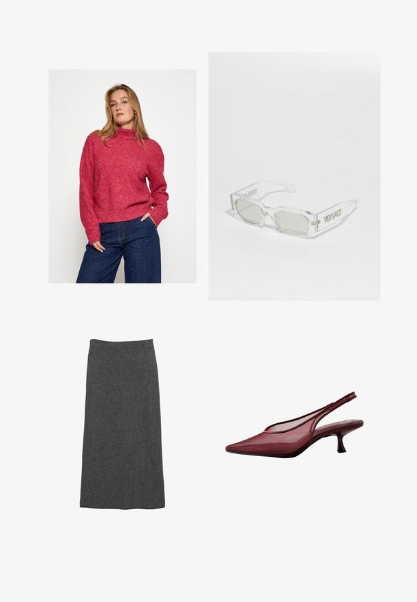 Červený svetr s vysokým límcem, měkkou texturou, volným střihem a žebrovaným lemem. Spárován s tmavomodrými širokými džíny.; Šedá vlněná maxi sukně se straight střihem a elastickým pasem, která se vyznačuje jemnou texturou a hladkým povrchem. Žádné viditelné vzory ani akcenty.; Burgundské lodičky na podpatku s špičatou špičkou a síťovaným svrškem. Mají štíhlý podpatek a vyřezávaný design, což vytváří elegantní siluetu.; Průhledné plastové sluneční brýle se šedými skly, obdélníkový tvar, vyražené logo "Versace" na spáncích, ukazující moderní design.