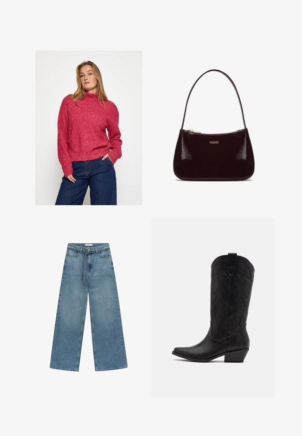 Czerwona sweter z wysokim kołnierzem, miękką teksturą, luźnym krojem i prążkowanym wykończeniem. W zestawie z ciemnoniebieskimi szerokimi spodniami dżinsowymi.; Szerokie niebieskie dżinsy z średnim praniem. Posiadają elastyczny ściągacz w talii, przednią kieszeń oraz gładkie wykończenie bez dodatkowych zdobień.; Czarne skórzane kowbojskie buty z wydłużonym noskiem, niskim, szczotkowanym obcasem oraz misternym tłoczonym wzorem liści na cholewie. Pętla u góry ułatwiająca zakładanie.; Burgundowy lakierowany skórzany torebka z gładką teksturą, zakrzywionym wzorem, pojedynczym paskiem na ramię i złotym logo "kazar" z przodu.