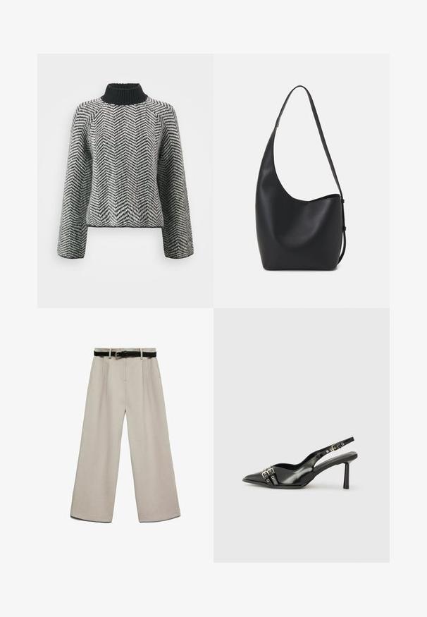 Megzta megcoat su aukštu juodu kaklu, su juodai balta zigzaginėmis raštais. Trumpas modelis su ilgomis rankovėmis.; Plačios kreminės kelnės su lygiu audiniu, priekyje su klostėmis ir juodu diržu su sidabrine sagtimi užsegimui.; Juodas lakuotas odinis batelis su smailiu pirštu, kulkšnies dirželiais su sidabrinėmis sagtimis ir detalėmis, bei plonu kulnu.; Juodas odinis hobo maišas su lygiu paviršiumi, kreipta forma ir viena reguliuojama rankena; turi platų atidarymą viršuje.