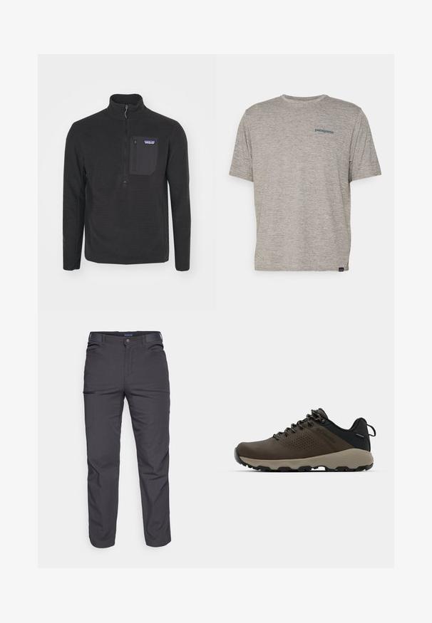 Črn flis pulover z visokim ovratnikom, z zadrgo in teksturiranim vzorcem. Ima žep na prsih iz kontrastnega materiala.; Siva majica s kratkimi rokavi iz mehkega, strukturiranega blaga, na levi strani prsnega dela z majhnim modrim logotipom Patagonia. Brez dodatnih vzorcev.; Temno sivi hlače iz trpežnega materiala, ki vsebujejo žep na zadrgo, ravno krojenje in zanke za pas za prilagodljivo prileganje.; Rjave vodoodporne superge z teksturiranim zgornjim delom, perforiranimi detajli, črno podporo za peto in sivo gumijasto podlogo. Šnure imajo metalne konice.