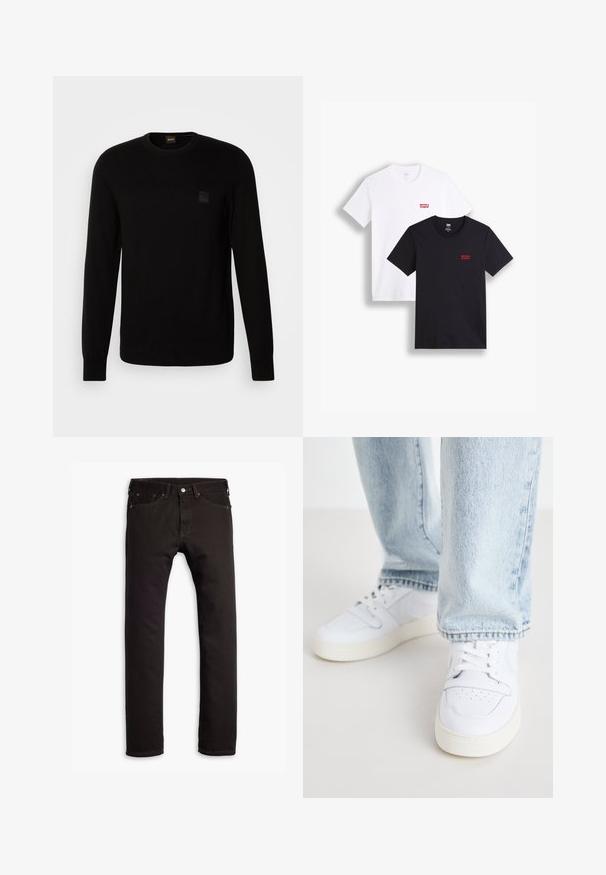 Svart strikkegenser med lange ermer, rund hals og et lite teksturert logo-patch på brystet. Glatt tekstur over hele genseren.; To korte ermesskjorter: en hvit og en svart. Begge laget av bomull med en rød Levi's-logo på brystet. Enkel rund hals-design.; Sorte slim-fit jeans med fem lommer og knaplukning, vist fladt på en hvid baggrund.; Hvite lær lave sneakers med perforert tå, flate lisser og minimalistisk design. Kombinert med lyseblå denimjeans.