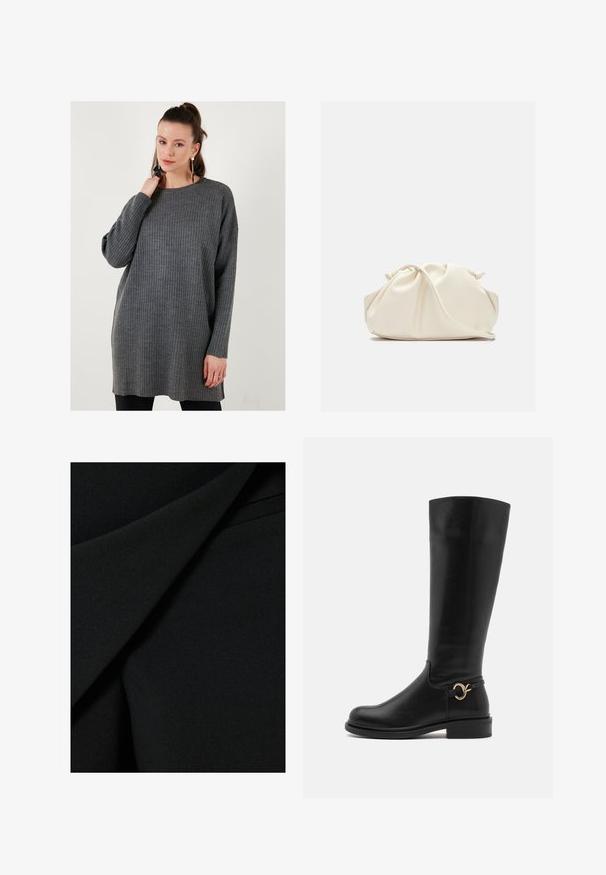 Szary sweter z prążkowanej dzianiny, z okrągłym dekoltem i długimi rękawami, charakteryzujący się luźnym krojem oraz miękką teksturą, sięgający do połowy uda.; Czarny materiał o gładkiej, matowej fakturze z warstwowymi fałdami i strukturalnym wzorem, tworzący elegancki wygląd.; Anna Field Wide Fit - Kozaki; Kremowa, miękka torba z sztucznej skóry o marszczonym wzorze, z regulowanym paskiem i subtelnym zapięciem na sznurek. Gładka faktura i zaokrąglony kształt.; Srebrne kolczyki w kształcie kropli z zaokrąglonymi, odbijającymi światło powierzchniami; minimalistyczny design z gładką fakturą i subtelnym detalem brandingowym.