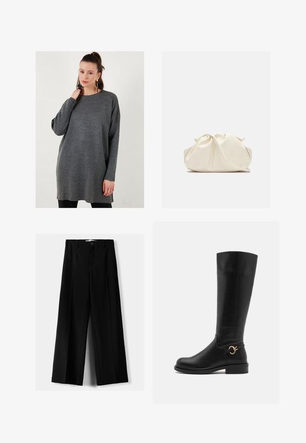 Grijze geribde trui met een ronde hals en lange mouwen, met een ontspannen pasvorm en zachte textuur, die tot halverwege de bovenbenen reikt.; Zwarte wijde broek van lichtgewicht stof, met een knoopsluiting aan de voorkant en een vlakke achterkant, afgewerkt met keurig gestikte zoom.; Anna Field Wide Fit Laarzen - black; Crème-kleurige, zachte neplederen tas met een geplooid ontwerp, verstelbare schouderband en subtiele trekkoordsluiting. Gladde textuur en ronde vorm.; Zilveren druppeloorbellen met afgeronde, reflecterende oppervlakken; minimalistisch ontwerp met een gladde textuur en subtiele merkdetails.