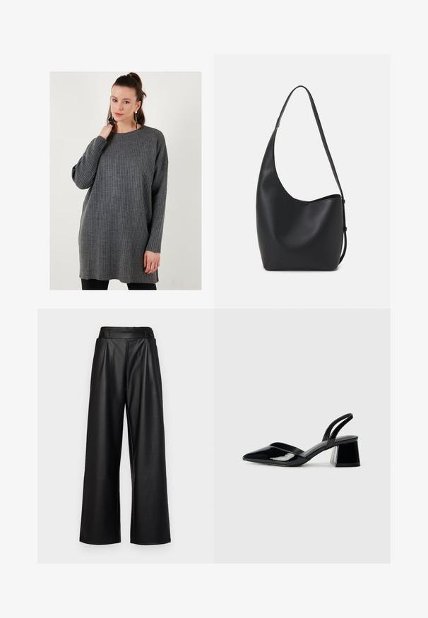 Sivi rebrasti pulover s okruglim izrezom i dugim rukavima, sa slobodnim krojem i mekim teksturom, koji doseže do sredine butina.; Crne, široke kožne hlače s visokim strukom, nabranima i s dva kružna dugmeta sprijeda za zatvaranje.; Crne lakirane kožne sandale s otvorenom petom i špicastim vrhom, s geometrijskom blok petom. Imaju elegantan, minimalistički dizajn i glatku teksturu.; Crna kožna hobo torba s glatkom teksturom, zakrivljenim oblikom i jednom podesivom trakicom; ima širok otvor na vrhu.