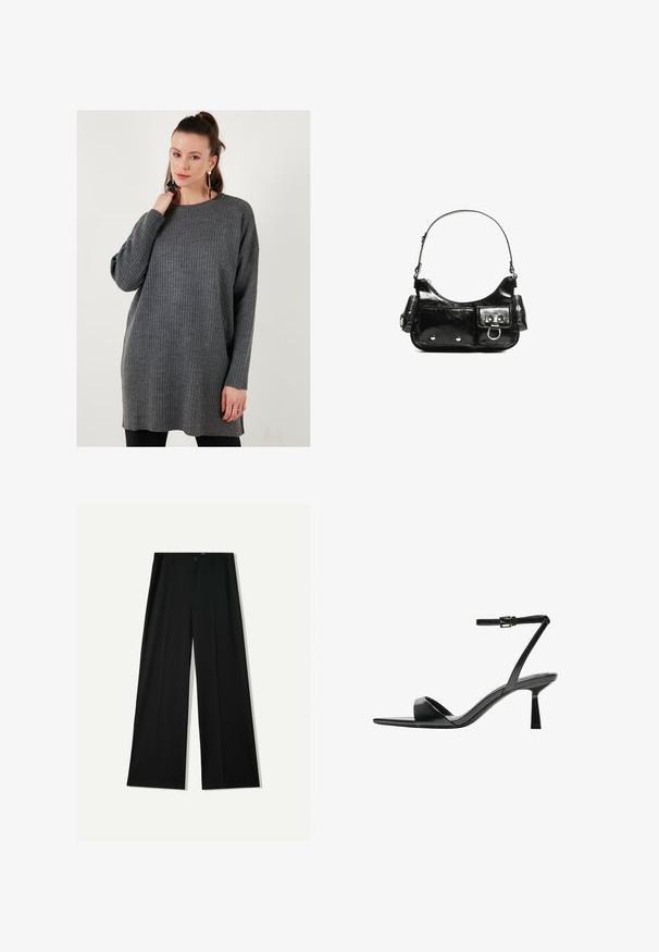 Harmaa ribbikuvioinen neule pystykauluksella ja pitkillä hihoilla, jossa on rento leikkaus ja pehmeä pinta, ulottuen reiden puoliväliin.; Bershka WIDE - Housut - black; Bershka Korolliset sandaalit - black; Mustekko mustasta kiiltonahasta valmistettu käsilaukku, jossa on kaareva muoto, yksi olkahihna, etutaskut ja hopeanväriset yksityiskohdat.