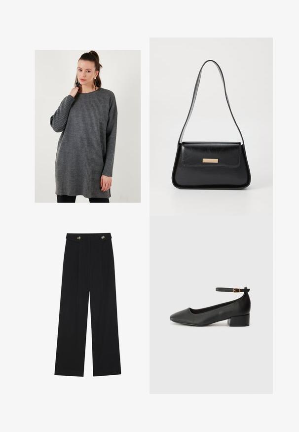 Maglione grigio a coste con scollatura rotonda e maniche lunghe, caratterizzato da una vestibilità comoda e una texture morbida, che arriva a metà coscia.; Pantaloni neri a gamba larga con vita alta, dettagli con bottoni in vita e pieghe frontali.; Pump in pelle nera con punta affusolata e tacco basso a blocco. Presenta una cinghia alla caviglia con una fibbia in tonalità oro. Texture liscia.; Borsa a mano in pelle nera con una forma triangolare strutturata, fasciatura sottile e finiture dorate con una placca con logo sul flap anteriore.