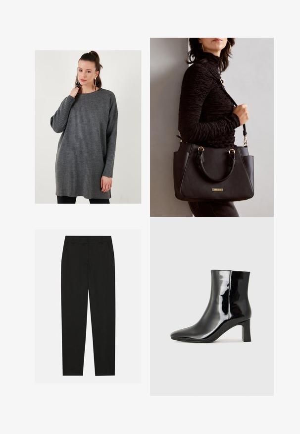 Gray ribbed sweater with a round neckline and long sleeves, featuring a relaxed fit and soft texture, reaching mid-thigh length.; Black trousers with a tailored design, featuring side pockets and a straight leg. Made from smooth, lightweight fabric with a sleek finish.; Black patent leather ankle boot with a pointed toe and a mid-height block heel. Smooth texture and minimalist design.; Black handbag with textured surface, dual top handles, and adjustable shoulder strap. Features gold-tone hardware and side pockets.