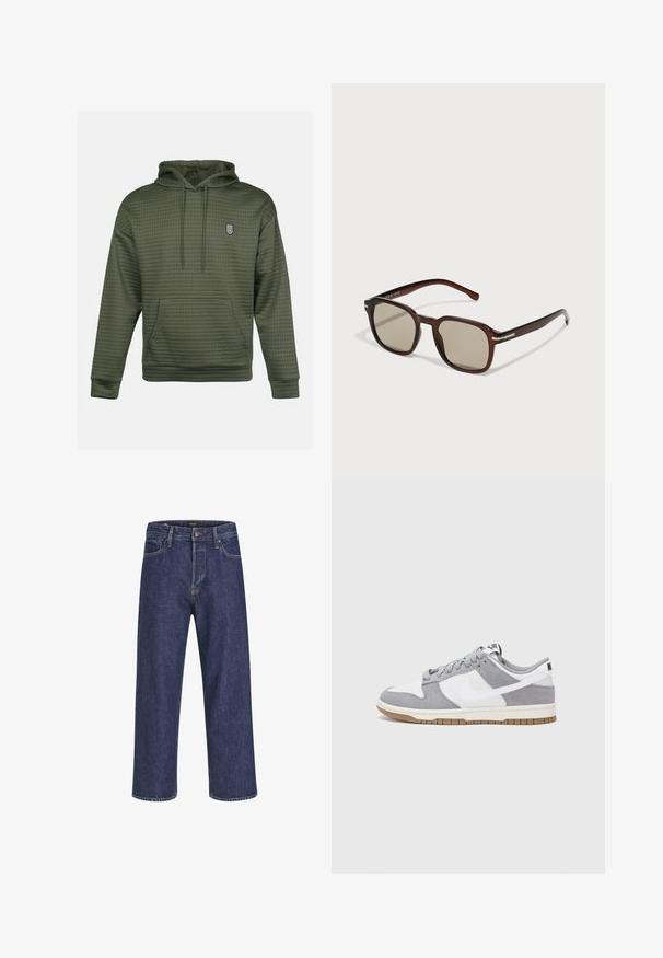 Oliwkowa bluza z kapturem o pikowanym wzorze, z centralną kieszenią kangurzą i małym haftowanym logiem na piersi. Regulowany sznurek w kapturze.; Granatowe dżinsy o prostym kroju, z pięcioma kieszeniami, metalowym zapięciem na guzik i kontrastowym przeszyciem, z delikatną fakturą.; Szare i białe trampki z zamszową i skórzaną cholewą, okrągłym noskiem, płaskimi sznurówkami i gumową podeszwą z akcentem w kolorze gumy.; Brązowe prostokątne okulary przeciwsłoneczne z przyciemnionymi soczewkami, plastikową oprawą i metalowymi akcentami po bokach. Charakteryzują się eleganckim designem i gładką fakturą.