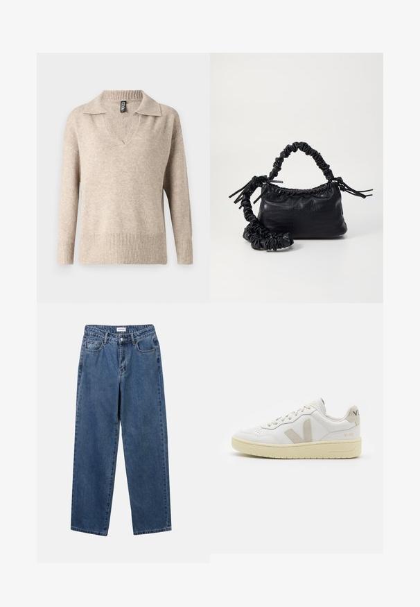 Beige strikkegenser med V-hals og ribbestrikket krage. Har lange ermer og ribbestrikket kant, laget av et mykt, teksturert materiale.; Klassiske blå denimjeans med rett ben-design, fem lommer og knappelukking. Har en middels vask og solid tekstur.; Hvite lær sneakers med beige semsket detaljer, perforert tåboks, flate lisser og en teksturert kremfarget såle. Har subtil branding på hælen.; Svart faux skinn-håndveske med krokodilletekstur, strammet topp og en rynket stropp. Ser myk og kompakt ut i designen.