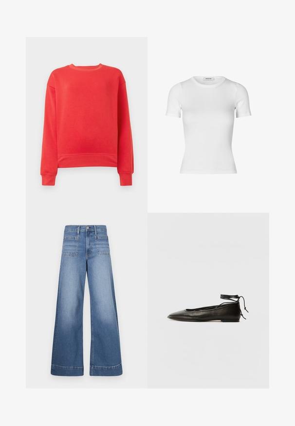 Rød hettegenser laget av mykt materiale, med rund hals, lange ermer og ribbestrikkede mansjetter og hem. Enkel, ensfarget design.; Hvit kortermet t-skjorte laget av ribbet bomullsstoff. Fitted design med rund hals og en jevn tekstur. Ingen mønstre eller utsmykninger.; Bredde blå denimjeans med høy midje, to frontlommer og to baklommer, med en ren finish og subtil falming.; Svarte lær balletflater med spiss tå, ankelbånd og flat såle, som har en glatt tekstur og minimalistisk design.
