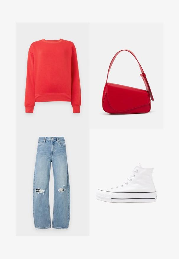 Rode sweatshirt gemaakt van zacht materiaal, met een ronde hals, lange mouwen en ribgebreide boorden en zoom. Eenvoudig, effen ontwerp.; Lichtblauwe, hooggeritste jeans van denim. Beschikken over wijde pijpen, twee gescheurde knievalken en klassieke vijfzakken styling.; Witte high-top canvas sneakers met een zwarte rubberen zool, een rubberen neuskap aan de voorkant en zes gaatjes voor veters, met een schone, minimalistische uitstraling.; Rode leren handtas met een hoekig, geometrisch ontwerp. Beschikt over een enkele verstelbare schouderriem en een klepclosure met gestikte details.