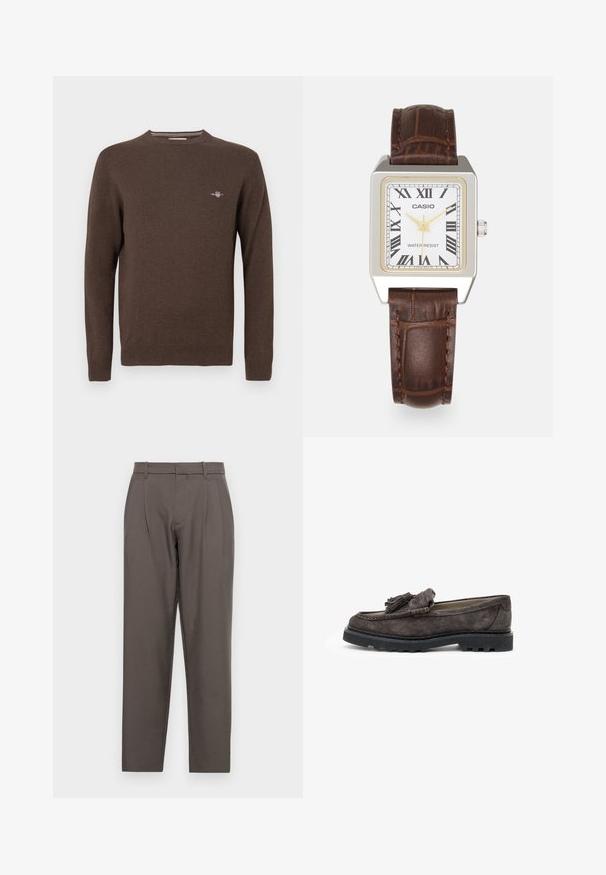Bruine gebreide trui met een ronde halslijn, lange mouwen, geribbelde boorden en zoom. Voorzien van een klein geborduurd logo op de borst.; Jack & Jones JPSTBILL JJDAYTONA WIDE - Broek - pavement; Donkergrijze suede loafers met een franje accent aan de voorkant, platte rubberen zool en contrasterende stiksels langs de rand.; Casio rechthoekige horloge met een witte wijzerplaat, gouden accenten, Romeinse cijfers en een bruine lederen band met krokodillenpatroon. Waterbestendig ontwerp.; Zilveren hoopoorbellen met grote, ronde, witte parels. Het ontwerp heeft een gladde textuur en een veilige sluiting voor bevestiging.