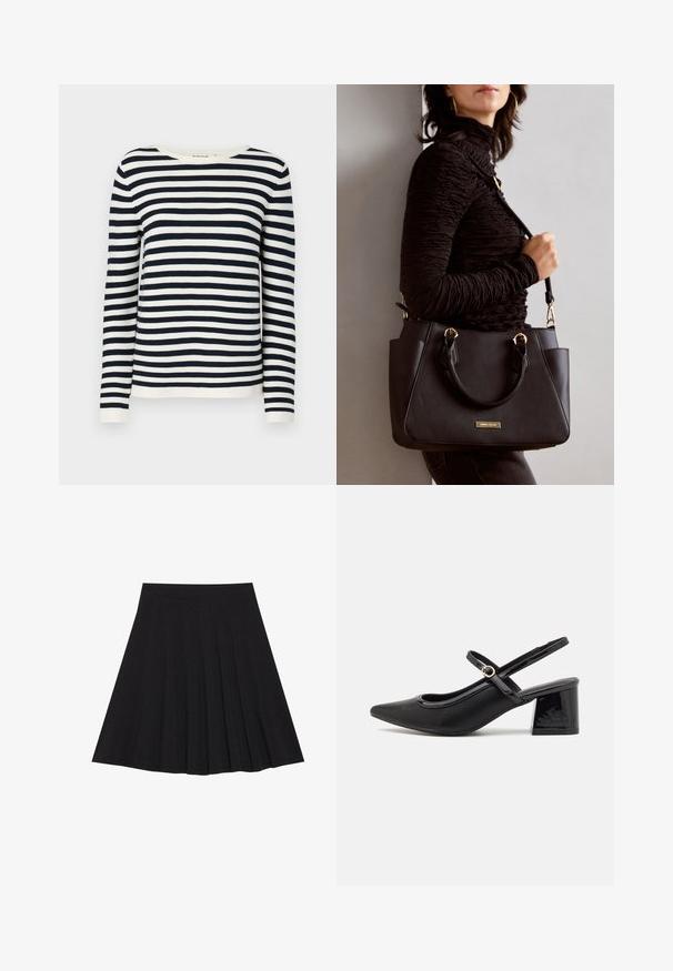 Tumesinine ja valgete triipudega pikkade varrukatega salliga kampsun ümmarguse kaelusega ja soonikute varrukatega. Pehme, kudumine kangas klassikalise lõikega.; Must mustriga seelik, millel on tekstureeritud kangas ja kitsas vöökoht. Ulatuv põlveni, omadab sujuvat ja lõputut siluetti.; Mustad läikivad nahast slingback-kõrged kontsad, millel on terav nina, ümar lõikekujundus ja blokknina. Omab kuldset nupu aktsenti.; Musthave must kott, millel on tekstuurne pind, kaks ülemist käepidet ja reguleeritav õlarihm. Omab kuldse tooni riistu ja külgtaskuid.