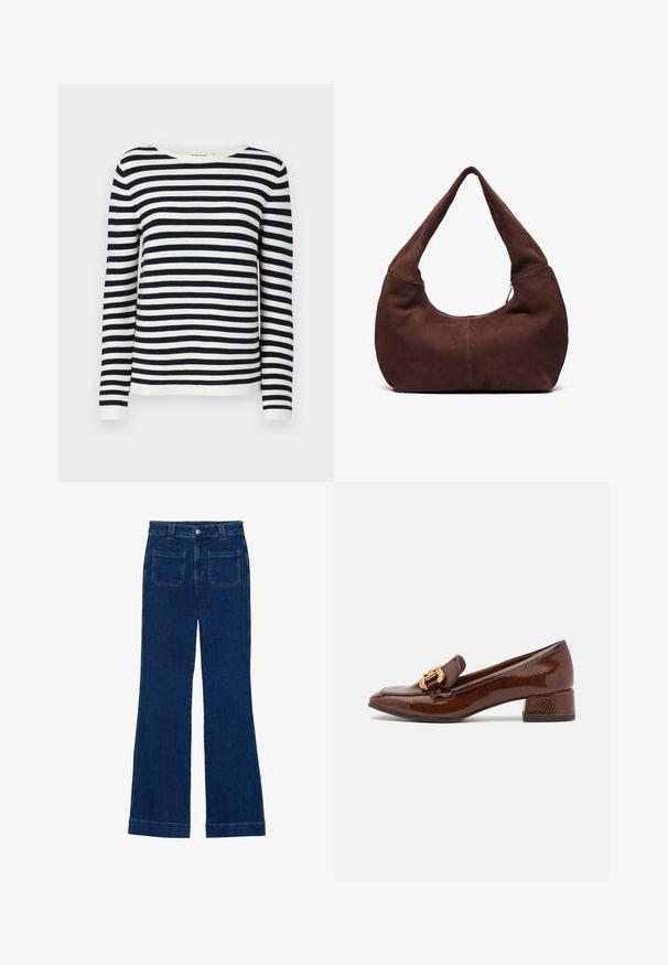 Maglione a righe blu navy e bianche con maniche lunghe, scollatura tonda e polsini a coste. Tessuto in maglia morbido con una vestibilità classica.; Tre t-shirt a maniche lunghe: una di colore bordeaux uniforme, una bordeaux con righe bianche e una bianca uniforme. Tutte sono realizzate in tessuto morbido e elastico.; Jeans a zampa d'elefante in denim di colore blu scuro, con una consistenza liscia, design a cinque tasche e chiusura a bottone in vita.; Mocassini in pelle marrone con finitura lucida, caratterizzati da una fibbia dorata decorativa sulla parte anteriore e un tacco basso a blocco. Design classico.; Borsa hobo in suede marrone con una maniglia curva e larga e un'ampia apertura. Tessuto morbido con dettagli di cucitura visibili lungo i bordi.