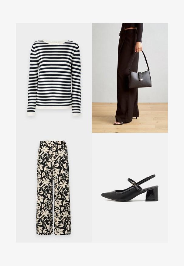 Navy and white striped long-sleeve sweater with a round neckline and ribbed cuffs. Soft, knit fabric with a classic fit.; Black short-sleeve top made of smooth material, featuring a peplum design and a belted waist with two round, silver-tone buttons.; Black wide-leg pants with a cream floral pattern. Made of lightweight fabric, featuring a smooth texture and a high waistband.; Black patent leather slingback heels with a pointed toe, a rounded cutout design, and a block heel. Features a gold-tone buckle accent.; Black handbag with structured shape, smooth texture, and a metallic clasp. Paired with wide black pants and open-toe sandals on wooden floor.