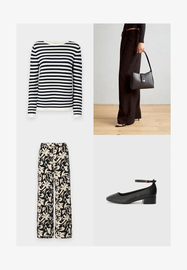 Marineblauwe en witte gestreepte sweater met lange mouwen, een ronde halslijn en geribbelde manchetten. Zacht, gebreid materiaal met een klassieke pasvorm.; Zwart топ met korte mouwen van glad materiaal, voorzien van een peplum ontwerp en een riem in de taille met twee ronde, zilverkleurige knopen.; Zwarte wijde broek met een crèmekleurig bloemenpatroon. Gemaakt van lichtgewicht stof, met een zachte textuur en een hoge tailleband.; Zwarte leren pump met een spitse neus en een lage blokhak. Beschikt over een enkelband met een goudkleurige gespsluiting. Gladde textuur.; Zwarte handtas met gestructureerde vorm, gladde textuur en een metalen sluiting. Gecombineerd met brede zwarte broeken en sandalen met open teen op een houten vloer.