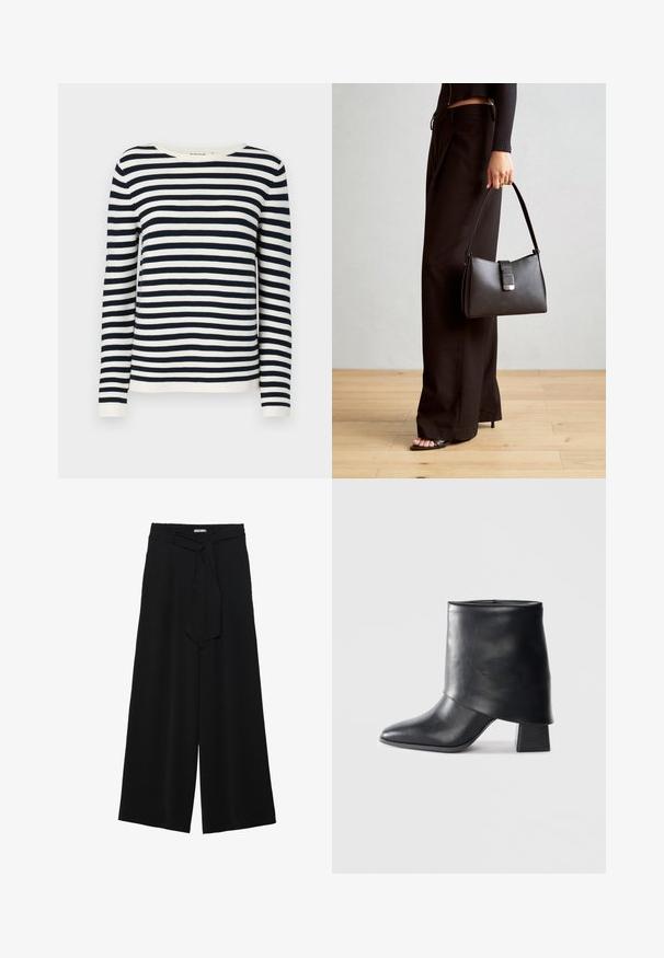 Maglione a righe blu navy e bianche con maniche lunghe, scollatura tonda e polsini a coste. Tessuto in maglia morbido con una vestibilità classica.; Pantaloni neri a gamba larga caratterizzati da un tessuto testurizzato, una vita elastica e una cintura staccabile per una vestibilità regolabile.; Stivale in pelle nera alla caviglia con punta affusolata, texture liscia e tacco a blocco strutturato. Presenta un design con risvolto alto.; Borsa nera con forma strutturata, texture liscia e una chiusura metallica. Abbinata a pantaloni neri larghi e sandali open-toe su un pavimento in legno.