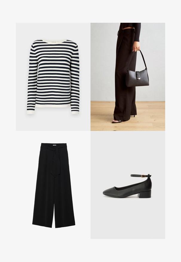 Jūras spēku un baltas svītras garām piedurknēm adīts džemperis ar apaļu apkakli un ribotām piedurknēm. Mīksta, adīta auduma klasiskā piegriezumā.; Melni platleņķa bikses ar teksturētu audumu, elastīgu jostu un noņemamu siksnu viduklī, kas nodrošina regulējamu piegulšanu.; Melnas ādas sūkņi ar smailu purngalu un zemu bloku papēdi. Iezīmēts ar potītes siksniņu ar zelta krāsas sprādzi. Gluda tekstūra.; Melnā somiņa ar strukturētu formu, gludu tekstūru un metālu sprādzi. Saskaņota ar platām melnām biksēm un sandālēm ar atvērtu purngalu uz koka grīdas.