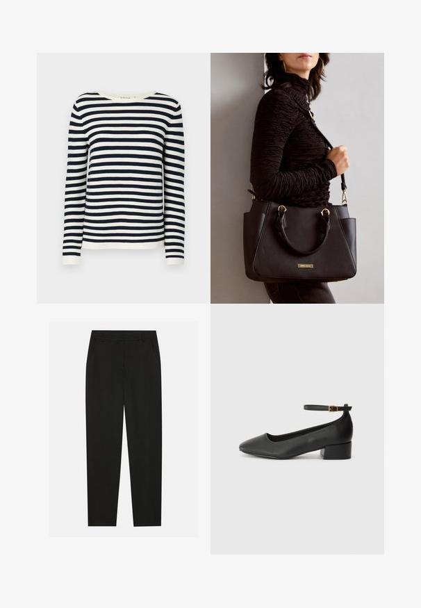 Pulover cu dungi albastre și albe, cu mâneci lungi și guler rotund, cu manșete ribbate. Material tricotat moale, cu o croială clasică.; Pantaloni negri cu un design croit, dotati cu buzunare laterale si un croi drept. Fabricati dintr-un material neted, usor, cu un finisaj elegant.; Pantof cu toc negru din piele, cu vârf ascuțit și toc mic pătrat. Dispune de o curea la gleznă cu o cataramă în tonuri de aur. Textură netedă.; Geantă de umăr neagră cu suprafață texturată, cu două mânere superioare și curea de umăr ajustabilă. Dispune de accesorii metalice de culoare aurie și buzunare laterale.