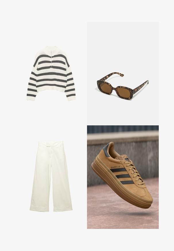Gestreifter, weißer und grauer, verkürzter Pullover mit hohem Kragen und einem Frontreißverschluss. Texturiertes, gestricktes Material mit geripptem Saum.; Weit geschnittene Hose aus weichem, cremefarbenem Stoff. Mit flachem Bund und aufgeschlagenen Säumen. Glatte Textur mit einem klaren, minimalistischen Design.; Beige Wildledersneaker mit glatter Oberfläche, drei dunklen Streifen, abgerundetem Zehenbereich und einer dickeren Sohle mit strukturiertem Rand.; Schildpatt-Sonnenbrille mit einem runden, klobigen Rahmen und braunen Gläsern. Verfügt über dezente Muster und gerade, zulaufende Bügel.
