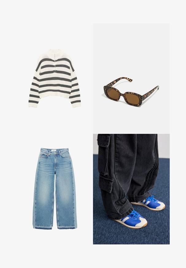 Gestreifter, weißer und grauer, verkürzter Pullover mit hohem Kragen und einem Frontreißverschluss. Texturiertes, gestricktes Material mit geripptem Saum.; Helleblaue, weit geschnittene Jeans aus Denim, mit hoher Taille, Knopfverschluss, Vordertaschen und rohem Saum.; Person mit lockeren schwarzen Cargo-Hosen und blau-weißen Sneakers steht auf einem dunkelblauen Teppich.; Schildpatt-Sonnenbrille mit einem runden, klobigen Rahmen und braunen Gläsern. Verfügt über dezente Muster und gerade, zulaufende Bügel.
