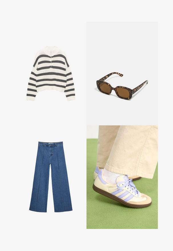 Gestreifter, weißer und grauer, verkürzter Pullover mit hohem Kragen und einem Frontreißverschluss. Texturiertes, gestricktes Material mit geripptem Saum.; Weite Jeans aus Denim in Mittelblau, mit hoher Taille, Knopfverschluss und kontrastierenden vertikalen Nahtdetails an der Vorderseite.; Cremefarbene und lavendelfarbene Sneakers mit drei Streifen und einer strukturierten braunen Sohle, ausgestattet mit Schnürsenkeln und einer gepolsterten Ferse. Obermaterial aus weichem Stoff.; Schildpatt-Sonnenbrille mit einem runden, klobigen Rahmen und braunen Gläsern. Verfügt über dezente Muster und gerade, zulaufende Bügel.