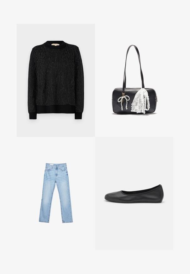 Čierny sveter vyrobený z textúrovaného pleteného materiálu, s okrúhlym výstrihom a ozdobený malými, rovnomerne rozmiestnenými striebornými cvokmi.; Svetlomodré denimové nohavice so straight strihom, päť vreckami a viditeľným prešívaním. Stredne vysoký pás s klasickým zapínaním na gombík a zips.; Čierne kožené baleríny s okrúhlou špičkou, hladkým povrchom, minimálnym prešívaním a flexibilným dizajnom podrážky.; Even&Odd Kabelka - black