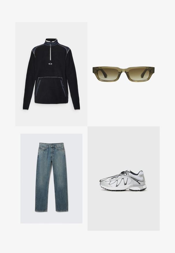 Fleece pullover in het zwart met een hoge kraag, een ritssluiting van halve lengte aan de voorkant, twee zijzakken en contrasterende stiksels in grijze en marineblauwe accenten.; Blauwe rechte denim jeans met voor- en muntzakken, riemlussen en een metalen knoopsluiting op een effen achtergrond.; Witte sportschoenen met een bovenkant van mesh, zwarte accenten, een textuur rubberen zool en een elastisch vetersysteem. Lichtgewicht met een modern ontwerp.; Bruine gradient zonnebril met een rechthoekige vorm, dikke stevige monturen en zwarte tempels. Transparant bruin materiaal voegt diepte toe.