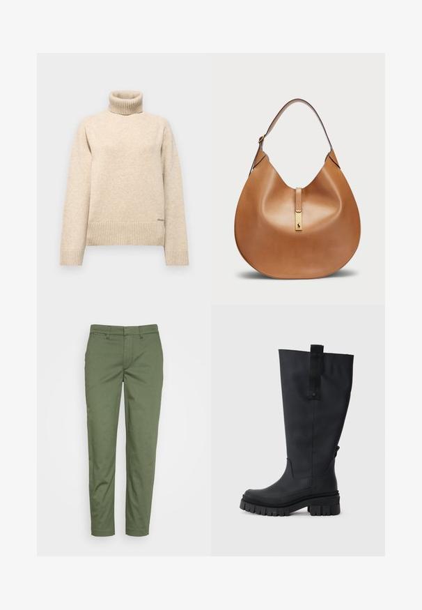 Beżowy sweter typu golf wykonaną z miękkiej dzianiny. Posiada ściągacze przy mankietach i u podstawy, z delikatnym logo marki w lewym dolnym rogu.; Zielone bawełniane chinosy o dopasowanym kroju, z kieszeniami z przodu i płaskim przodem. Prosty fason nogawki, gładka tekstura i minimalne detale.; Czarne gumowe botki do kolan z grubą podeszwą, teksturowanym uchwytem oraz materiałową pętelką na górze ułatwiającą zakładanie. Gładkie, matowe wykończenie.; Torba skórzana w kolorze brązowym o zaokrąglonym kształcie i szerokim pasku na ramię. Posiada złoty metalowy akcent na środku oraz gładką fakturę.