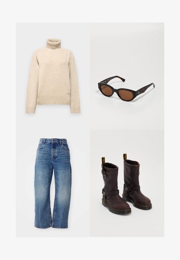 Šviesiai rudas megztinis su aukšta apykakle, pagamintas iš minkštos megztos medžiagos. Turi išsipūtimus rankogaliuose ir apačioje, o kairėje pusėje yra nežymus prekės ženklo logotipas.; Free People DEEP TRANCE DROPPED - Laisvo kirpimo džinsai - blue denim; Rudos odiniai batai su vidutinio ilgio dizainu, turintys dirželį ir sagtį, storą juodą pado ir geltonos siūlės akcentus.; Juodos tortoiseshell tipo saulės akinių su rudu stiklu, kampuota forma ir platesnėmis rankenomis, su subtiliu logotipo akcentu. Lygus plastiko paviršius.