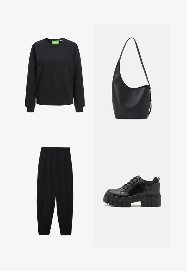 Sweatshirt preto de gola redonda feito de algodão. Apresenta punhos e barra canelados, com uma etiqueta verde que exibe "JJXX" na gola.; Calças pretas, leves, com um cinto elástico e punhos franzidos. O tecido é suave e apresenta um design relaxado e afunilado.; Sapatos de plataforma em couro preto com um salto bloco robusto, bico redondo e design clássico de atacadores. Apresentam uma textura suave e detalhes mínimos.; Saco hobo preto em pele com uma textura lisa, forma curva e uma única alça ajustável; apresenta uma abertura larga na parte de cima.
