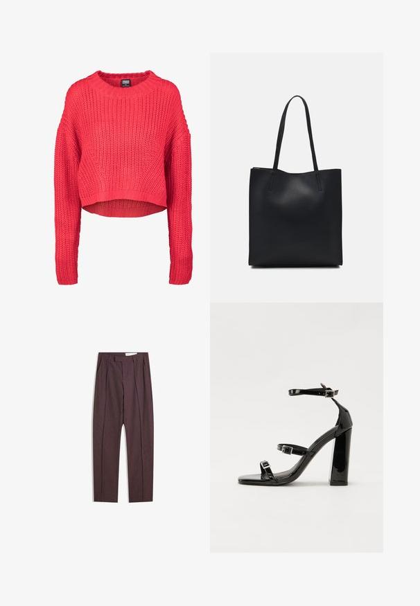 Jasnoczerwona, gruba sweter z długimi rękawami, okrągłym dekoltem i lekko skróconym dołem, oznaczony jako Urban Classics XS.; Fioletowe spodnie w paski z plisami, o wysokim stanie i prostym kroju nogawki. Wykonane z gładkiego, teksturowanego materiału.; Czarne lakierowane sandały na obcasie z kwadratowym noskiem, z paskami wokół kostki i srebrnymi klamrami. Posiadają masywny słupek dla stabilności.; Czarna skórzana torba tote o gładkiej fakturze, prostokątnym kształcie i dwóch długich uchwytach. Brak widocznych elementów metalowych i ozdób.