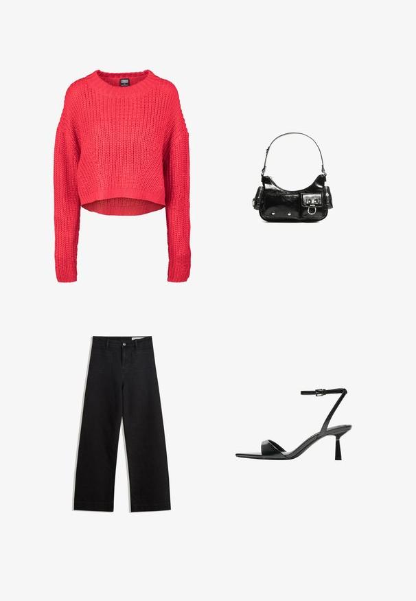 Pulover grozav roșu, tricotat gros, cu mâneci lungi, decolteu rotund și margine ușor scurtă, etichetat Urban Classics XS.; Pantaloni din denim negri cu picioare largi, cu talie înaltă, având buzunare frontale și posterioare, cusături dublate și închidere cu nasture. Textură netedă.; Bershka Sandale cu toc - black; Geantă de mână din piele lăcuită neagră, cu o formă curbată, un umăr, buzunare frontale și accente din metal argintiu.