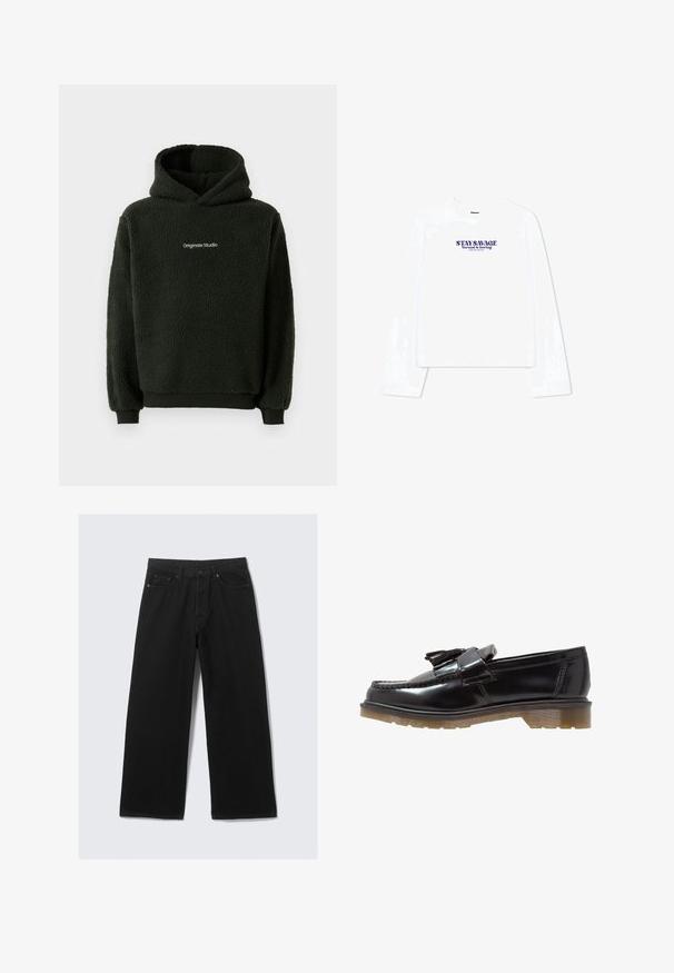 Felpa nera in pile con finitura testurizzata, dotata di una tasca a marsupio frontale e un logo sul petto. Design con cappuccio e polsini elasticizzati.; Maglietta bianca a maniche lunghe con scollatura a girocollo e taglio crop. Testo stampato in viola che recita "RIMANI RIBELLE La normalità è noiosa."; Pantaloni neri a gamba larga realizzati in denim, con un classico design a cinque tasche e una cintura strutturata con passanti per cintura.; Mocassini in vernice nera con un design intrecciato, dettaglio a nappina e una suola in gomma spessa e testurizzata. La vista laterale mette in evidenza la silhouette elegante.