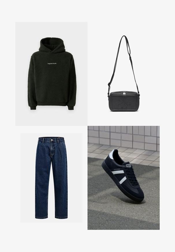 Mustap fleecetakki, jossa on teksturoitu pinta, etupuolella kengurutasku ja rinta-alueella logo. Huppumalli, jossa on joustavat hihansuut.; Tummansininen farkkushortsit suoralla lahkeella. Ominaisuuksiin kuuluvat näkyvät saumat, napitus ja etulaskokset lisäyksinä.; Mustat nahkakengät valkoisilla raidoilla, teksturoitu kumipohja ja nauha edessä. Varustettu merkkitarralla kielen päällä.; Musta nahkainen olkalaukku vetoketjulla, etuosassa kohoamalla painettu logo ja säädettävä hihna. Sujuva pinta ja suorakulmainen muoto.