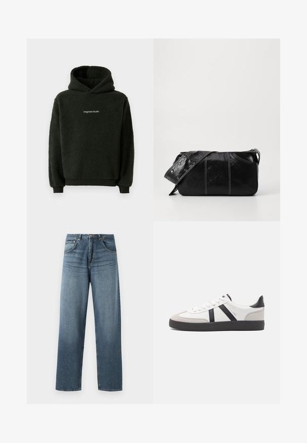 Mustap fleecetakki, jossa on teksturoitu pinta, etupuolella kengurutasku ja rinta-alueella logo. Huppumalli, jossa on joustavat hihansuut.; Suorat siniset farkut, joissa on haalistunut pesu, viiden taskun muotoilu, metallinen nappi ja vyölenkit. Rakenne on keskikokoista painoa oleva kangas.; Valkoiset lenkkarit mustilla ja harmailla yksityiskohdilla, joissa on teksturoitu harmaa kärki, musta kumipohja ja litteät valkoiset nauhat. Siisti muotoilu, minimalistinen tyyli.; Mustakulmainen nahkainen olkalaukku, jossa on vetoketjukiinnitys, teksturoitu pinta, valkoiset ompeleet ja hihna, jossa on hopeiset niitit.